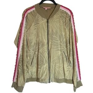 Calypso St Barth Silk Bomber Jacket Womens S Green Palm Print Crochet Stripe Zip